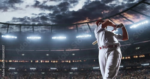 Baseball player in action on the professional stadium. The stadium is made in 3D with animated crowd.