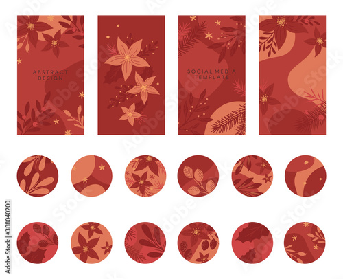 Bundle of Christmas and Happy New Year insta story templates and highlights covers in holiday style.Vector layouts with plants and florals.Xmas backgrounds.Trendy design for social media marketing.