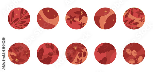 Bundle of insta highlights covers for holidays.Modern vector layouts with hand drawn plants and florals in christmas style.Xmas backgrounds.Trendy design for social media marketing.