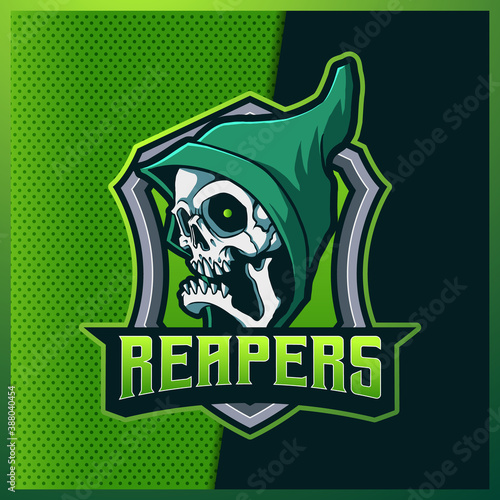 Green Grim Reaper esport and sport mascot logo design with modern illustration concept style for team, badge, emblem and patch. Gaming Logo Template on Isolated Background. Vector illustration