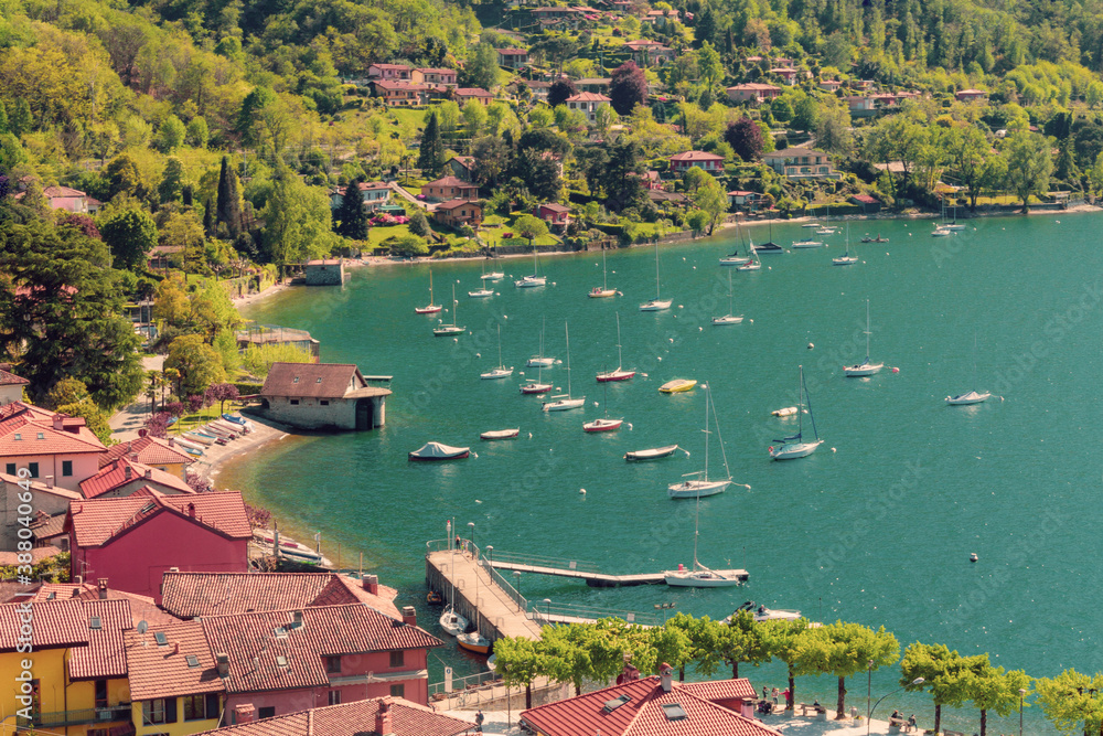 Aerial view of the village of Calde on lake Maggiore, Italy