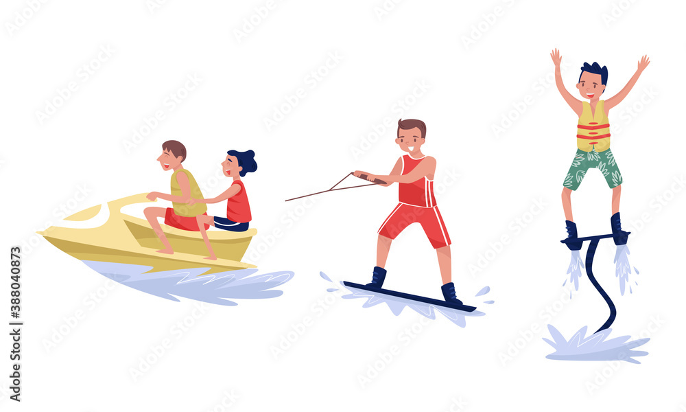 People Characters Windsurfing and Water Skiing Vector Illustration Set