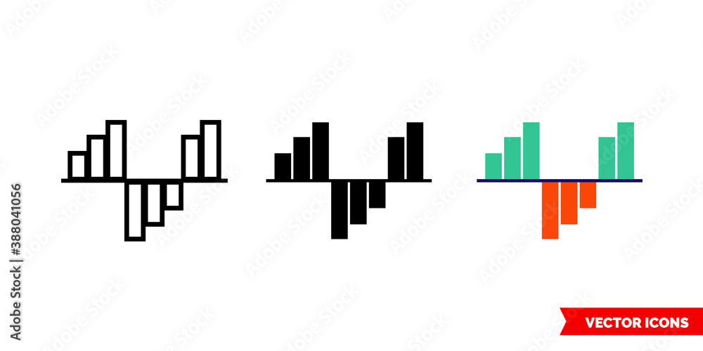 Colorful bar graph icon of 3 types color, black and white, outline. Isolated vector sign symbol.