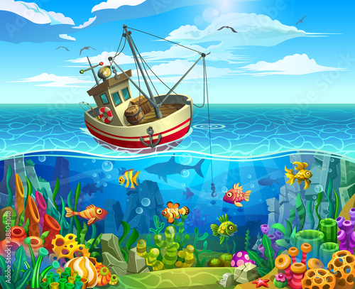 They catch fish from a fishing boat. A modern trawler near a sea reef.