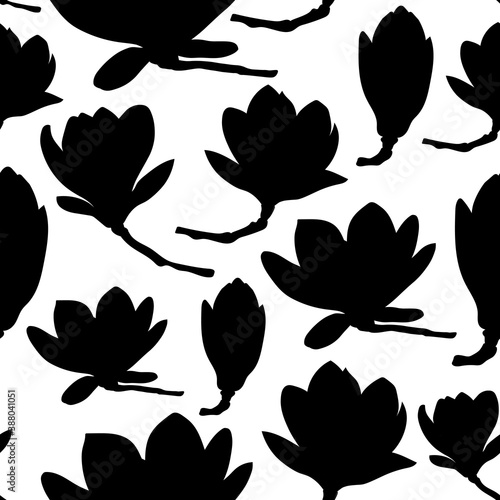 Seamless pattern Magnolia flowers silhouettes vector illustration