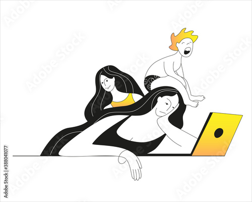 A tired woman sleeps by an open laptop. Vector illustration in outline style on the theme of workaholism and fatigue.