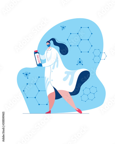 A female scientist in a dressing gown and mask with an ampoule in her hands. Concept of a vector illustration on the topic of vaccine development.