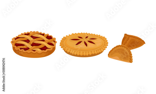 Baked Sweet Pie with Filling and Crust Made of Shortcrust Pastry and Dumpling Vector Set