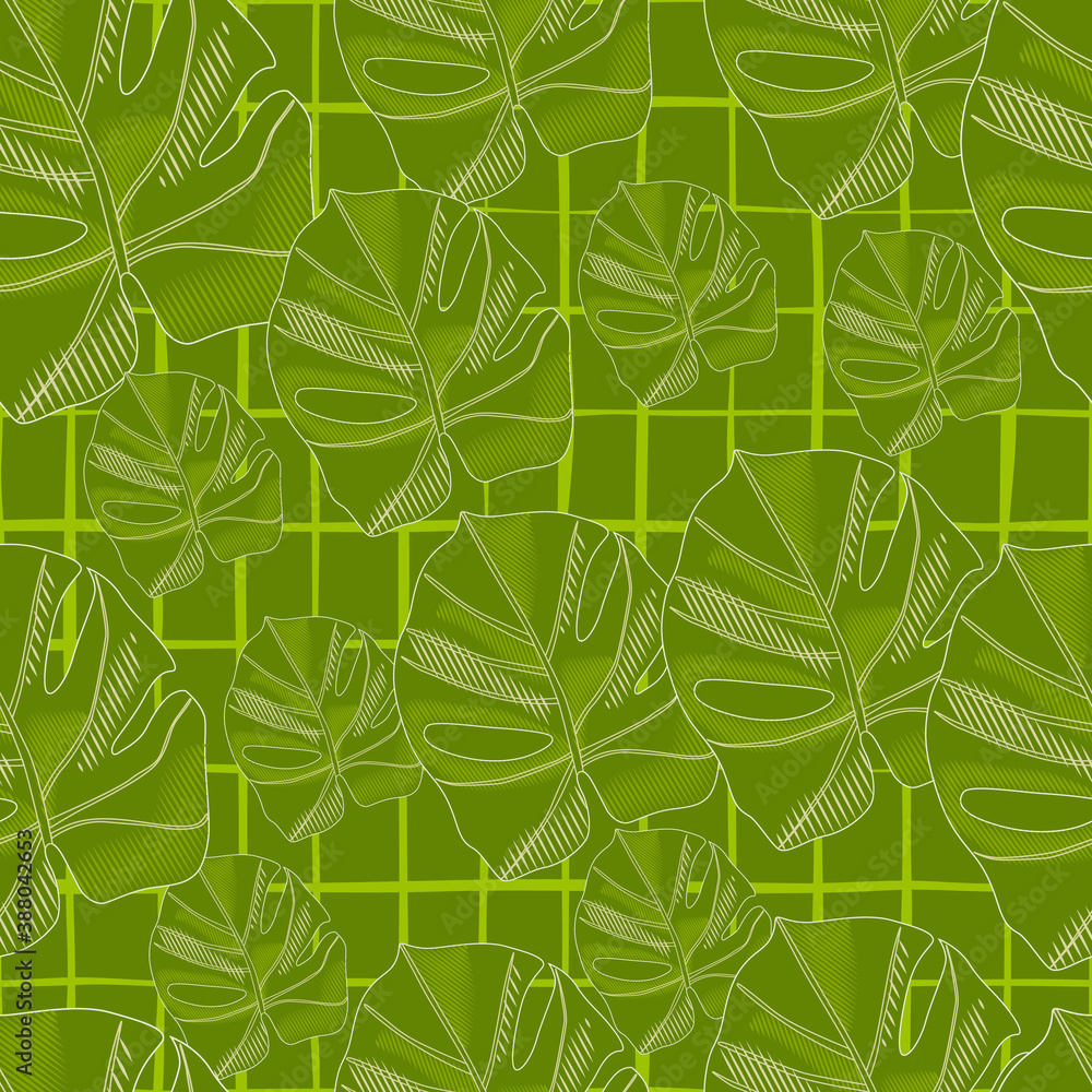 Botanic seamless pattern with abstract monstera silouettes. Random green print on chequered background. Botanic seamless pattern with abstract monstera silouettes. Random green print on chequered background.