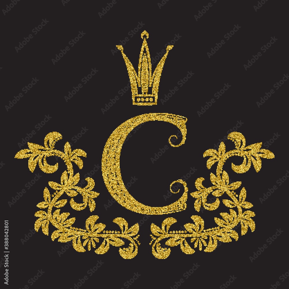 Golden glittering letter C monogram in vintage style. Heraldic coat of ...