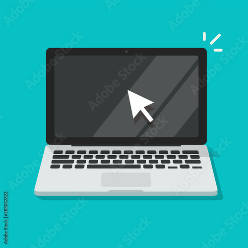 Computer screen with pointer mouse arrow icon vector flat cartoon illustration, notebook or laptop pc display and clicking cursor arrow isolated clipart modern design