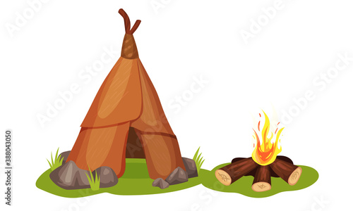 Stone Age Elements with Hut and Burning Firewoods Vector Set