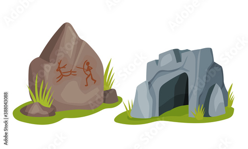 Stone Age Elements with Stone Cave as Shelter Vector Set
