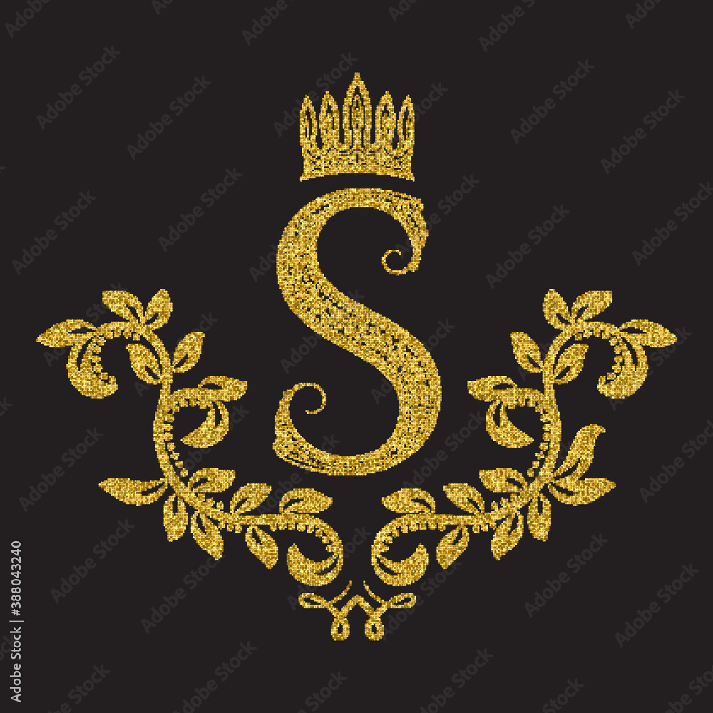 Golden glittering letter S monogram in vintage style. Heraldic coat of ...