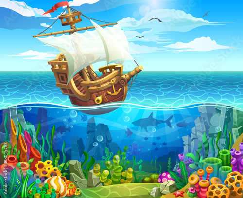 A wooden ship with white sails crosses a sea coral reef. Tropical islands with palm trees and a waterfall over the colorful underwater world.