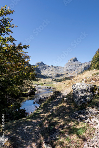 Pyrenees mountains with small river in Ossau valley, Pyrenees National Park, France
