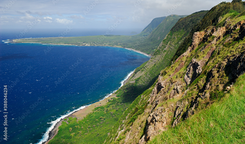 Sheer Sea cliffs of Kalaupapa leper sanctuary Molokai Hawaii