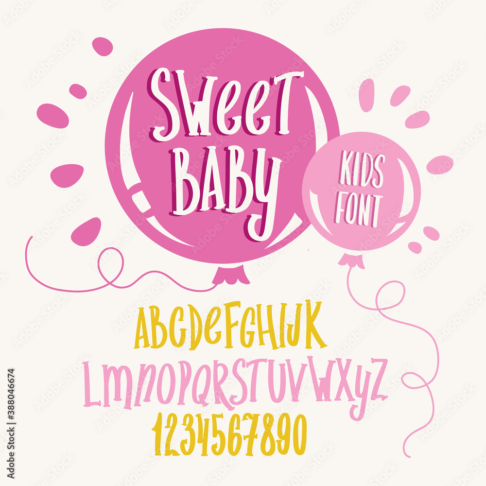 Kids font. Typography alphabet with colorful child illustrations. Handwritten script for crafty design.