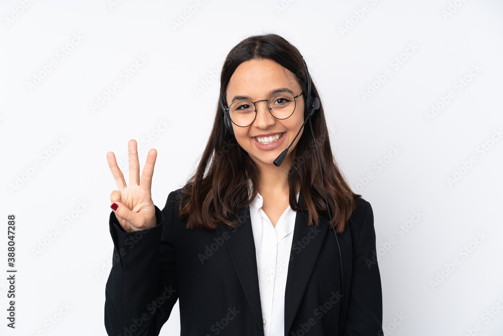 Young telemarketer woman isolated on white background happy and counting three with fingers Young telemarketer woman isolated on white background happy and counting three with fingers