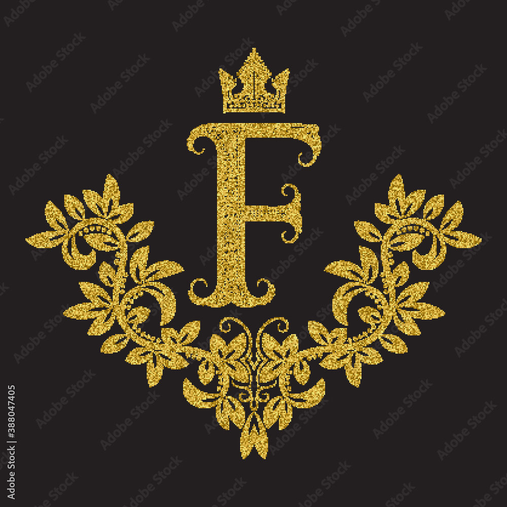 Golden glittering letter F monogram in vintage style. Heraldic coat of ...