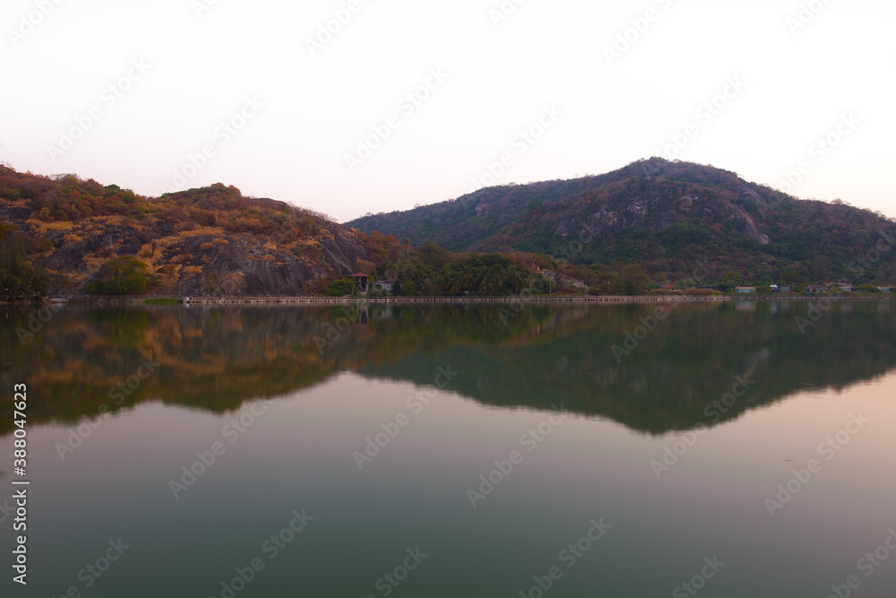 Small reservoir with mountain