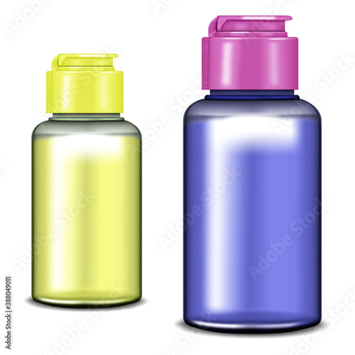 Colored plastic bottles with screw flip top caps filled with liquid isolated on white background, realistic vector illustration. Color set. Easy to recolor.