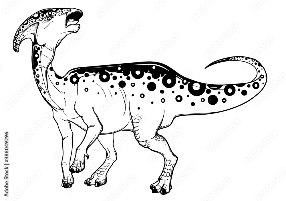 Parasaurolophus standing on four communicating with a herd. Black linear hand drawing isolated on a white background. Coloring Book page. EPS10 Vector illustration
