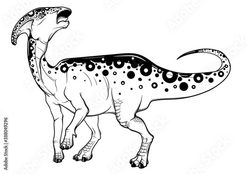 Parasaurolophus standing on four communicating with a herd. Black linear hand drawing isolated on a white background. Coloring Book page. EPS10 Vector illustration