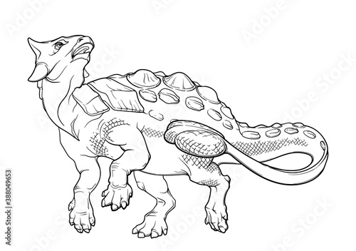 Walking ankylosaurus. Black linear hand drawing isolated on a white background. Coloring Book page. EPS10 Vector illustration