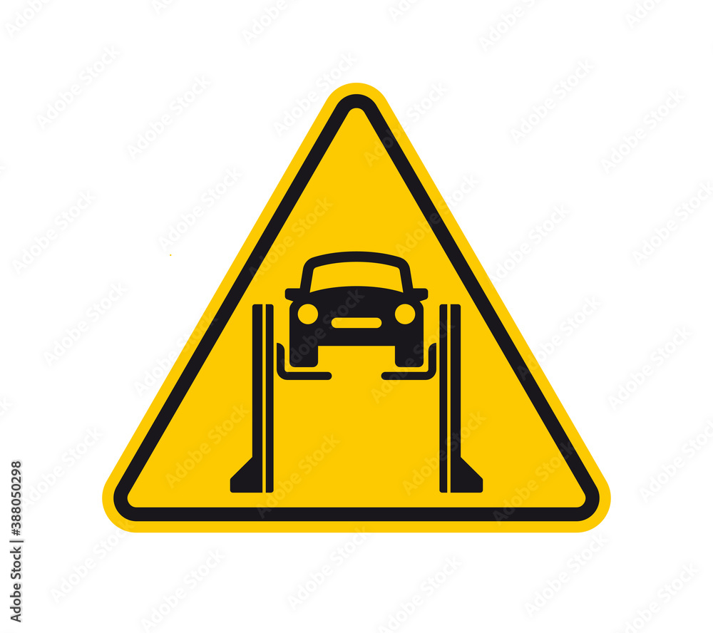 Vector triangle yellow sign danger. Car jack, danger of falling. Isolated on white background. Vector triangle yellow sign danger. Car jack, danger of falling. Isolated on white background.
