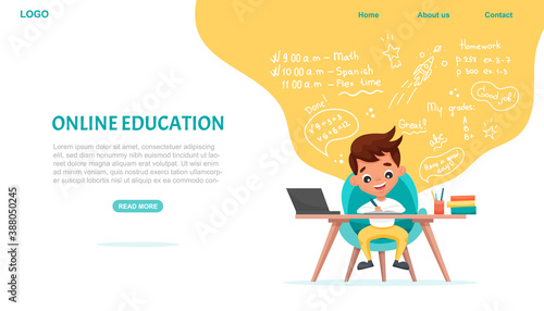 Online education website template. E-learning concept banner. Cute schoolboy sits at table and studies online with laptop. Vector flat cartoon illustration with hand-drawn doodle elements