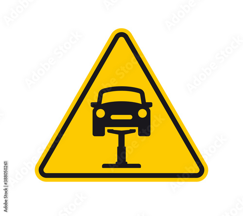 Vector triangle yellow sign danger. Car jack, danger of falling. Isolated on white background.