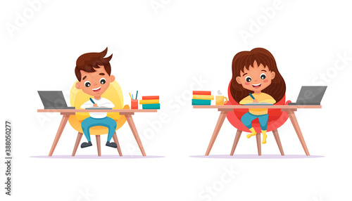 Cute schoolkids girl and boy using a laptop. Study at home and online education concept. Use for web banner, website, mobile app. Flat cartoon vector illustration isolated on white background.	
