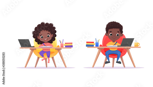 Home school or online learning concept. Afro-American kids studying online at home. Use for web banner, website, mobile app. Flat cartoon vector illustration isolated on white background.	