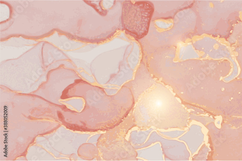 Dusty rose and gold stone marble quartz texture. Alcohol ink technique abstract vector background. Modern luxury paint with glitter. Template for banner, poster design. Fluid art painting