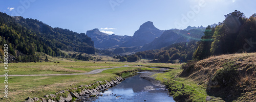 Fototapeta Naklejka Na Ścianę i Meble -  Pyrenees mountains with small river in Ossau valley, Pyrenees National Park, France
