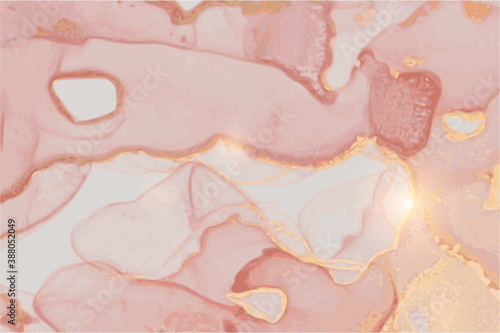 Marble lush rose, and gold quartz stone texture. Alcohol ink technique abstract vector background. Modern luxury paint in natural colors with glitter. Template for banner, poster. Fluid art painting