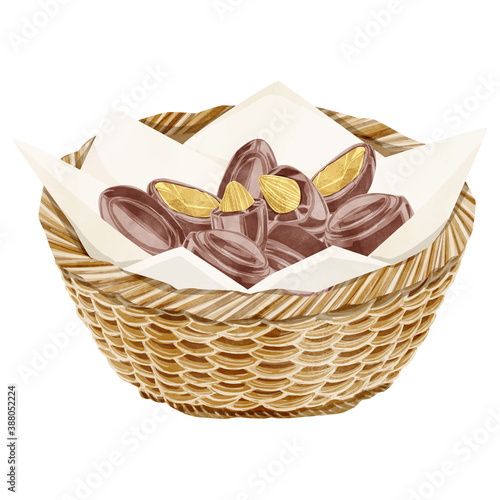 カゴに入った金のアーモンドチョコレート水彩風イラスト