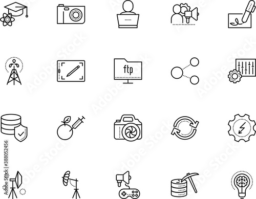 technology vector icon set such as: protect, cycle, gadgets, analysis, thunder, book, brain, job, laptop, solid, fruit, tweaks, worker, gene, physics, shooting, fun, security, injection, lightning
