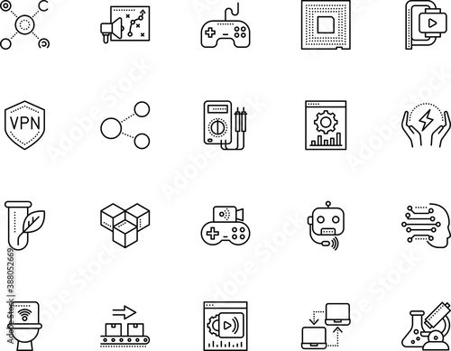 technology vector icon set such as: gamer, chatter, genetic, cold, live stream, processing, object, rank, industrial, machine learning, dna, window, joystick, modern, microchip, people, camera, help
