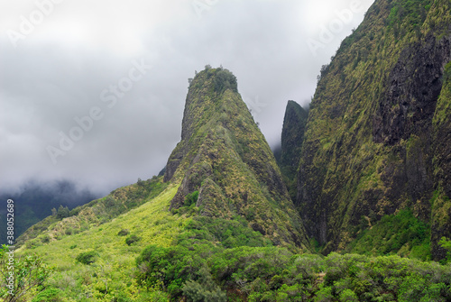 The Needle and distant waterfalls Iao Valley State Park Maui