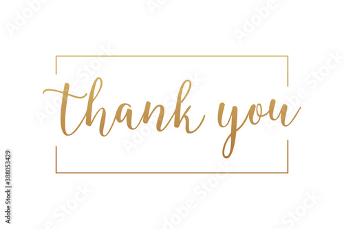 Thank You Card. Gold Text Handwritten Calligraphy Lettering with Square Line Frame Outside isolated On White Background. Flat Vector Illustration Design Template Element.