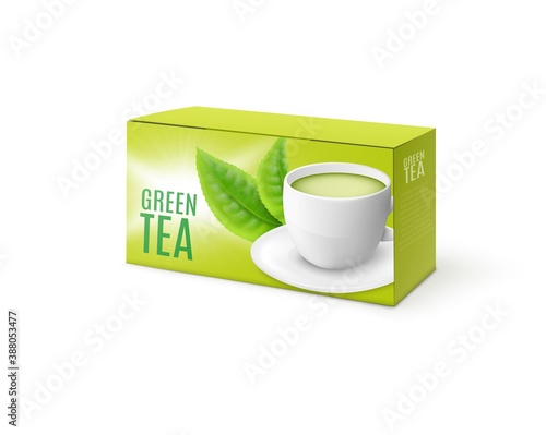 Mint green tea packaging mockup, realistic vector illustration isolated