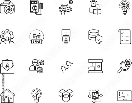 technology vector icon set such as: laptop, cup, coffee, site, plan, speedlight, stroke, linear, brain, scroll, wireless, book, instrument, life, measurement, accessory, biotechnology