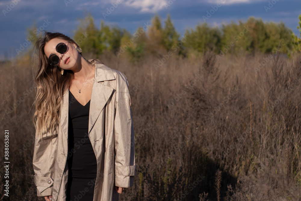 brunette in fashionable trench coat, black dress and sunglasses in the field. autumn, yellow leaves, blue sky. brunette in fashionable trench coat, black dress and sunglasses in the field. autumn, yellow leaves, blue sky.