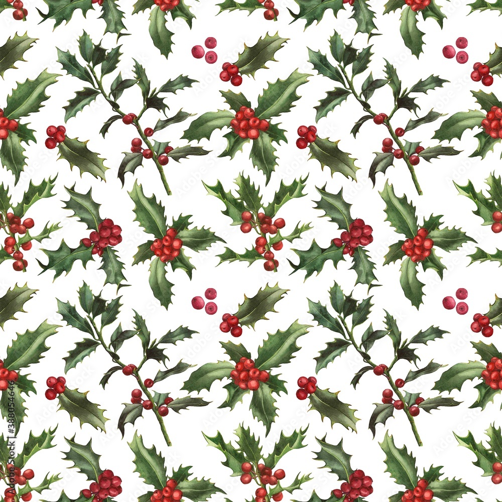 Christmas watercolor pattern. Seamless pattern with holly leaves, berries and branches.