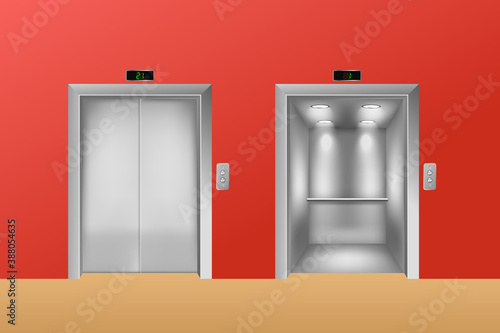 Open and closed doors of metal chrome elevators a realistic vector illustration