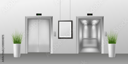 Building floor entrance or lobby with elevator, realistic vector illustration.