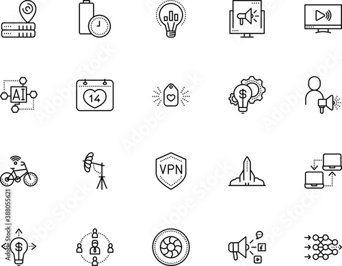 technology vector icon set such as: low, encryption, smartphone, lens, optical, clip, spaceship, route, wheel, poly, futuristic, person, thin, shutter, neural, trend, statistics, megaphone, february