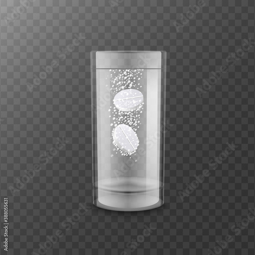 Fizzy tablets dissolve in water, realistic mockup vector illustration isolated.